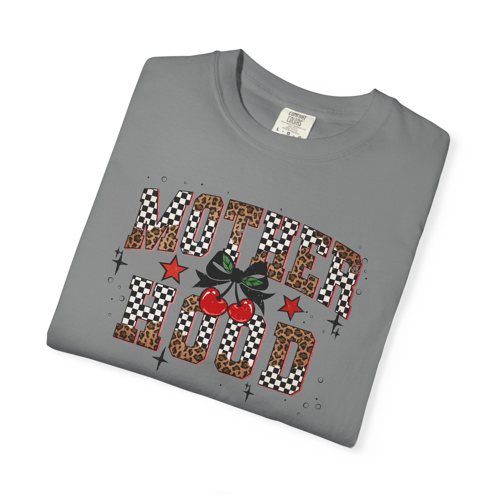 Mother Tee Comfort Colors® Motherhood — Checkerboard Cherry & Leopard