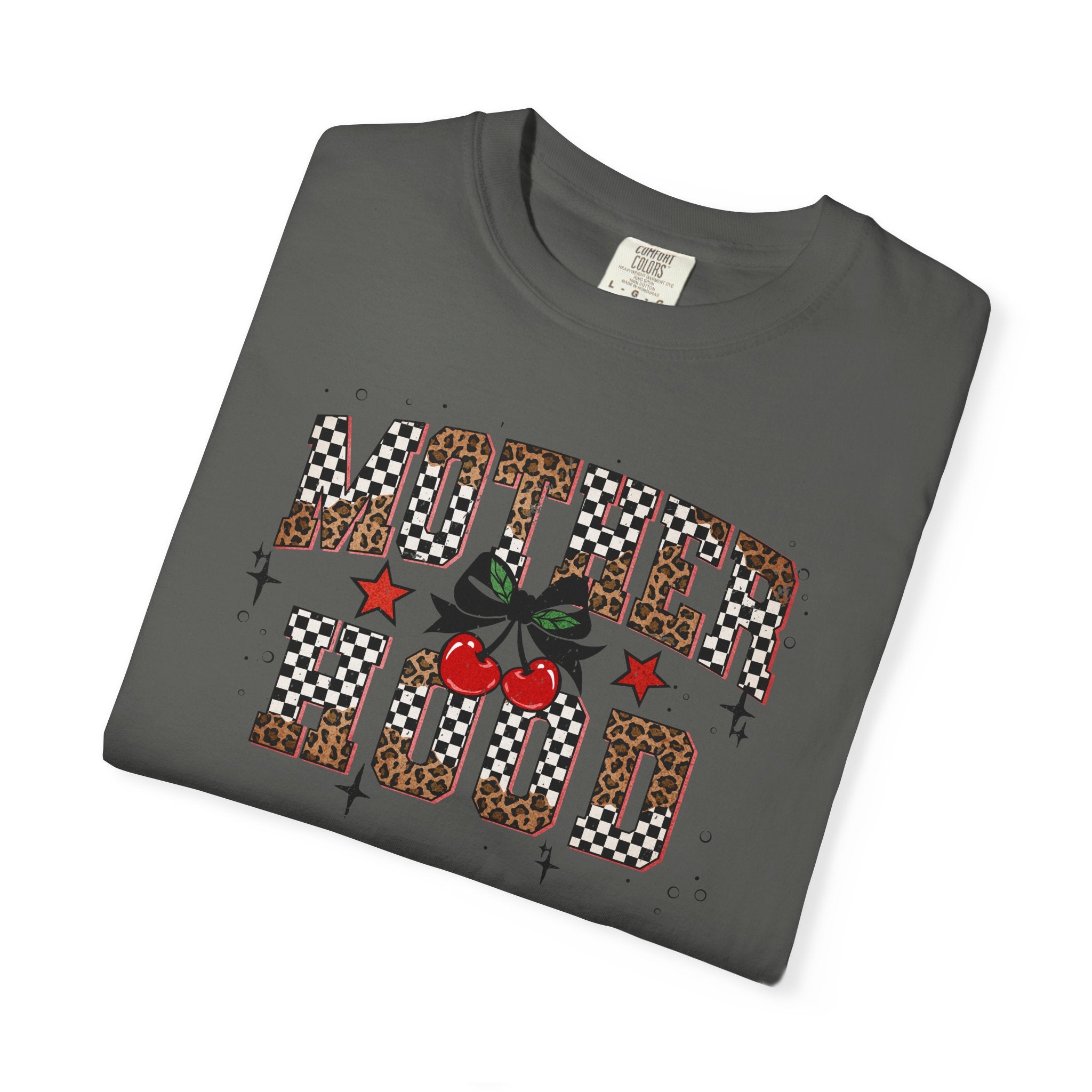 Mother Tee Comfort Colors® Motherhood — Checkerboard Cherry & Leopard